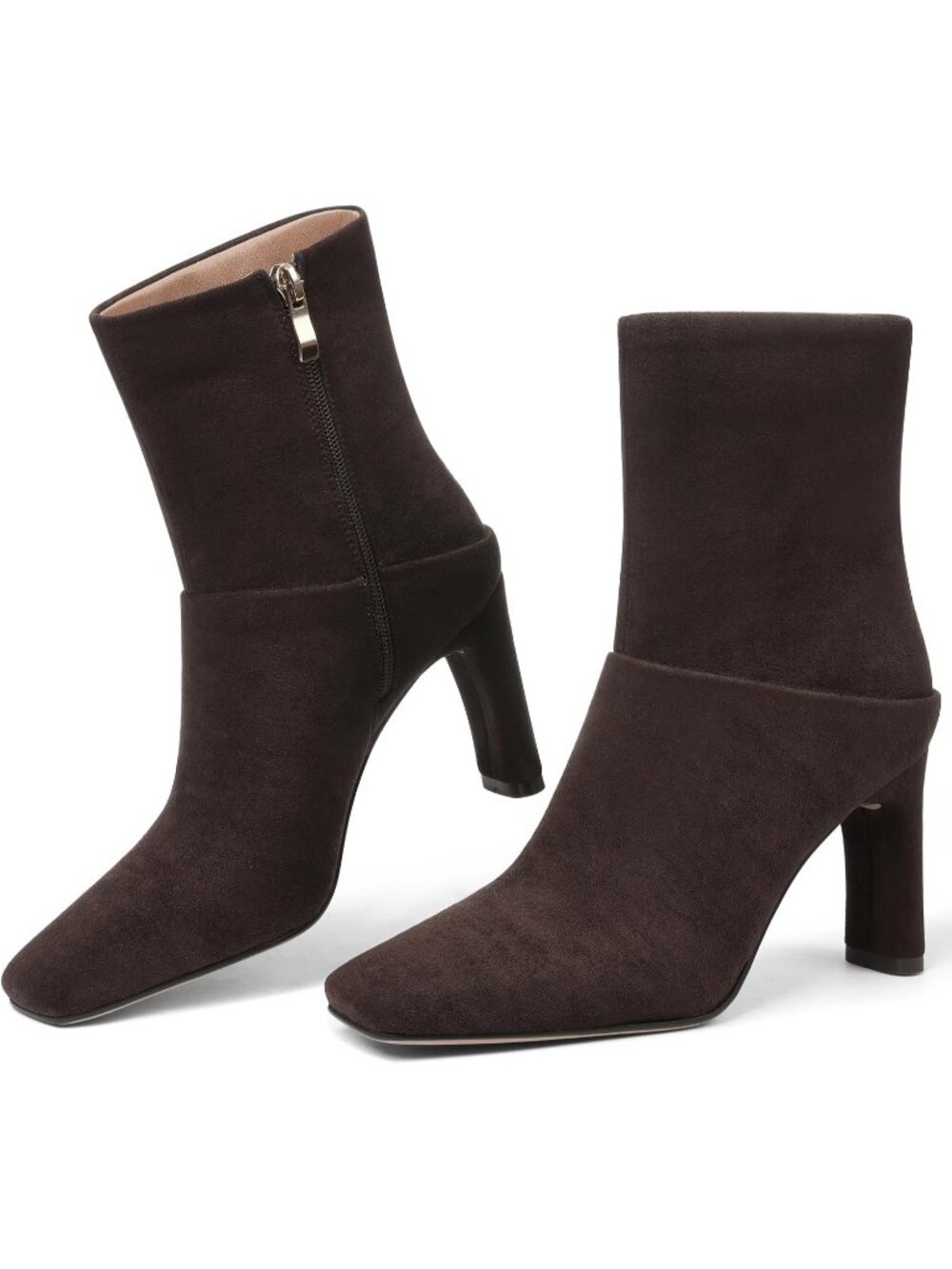 Women's Brown Faux Suede Square Toe Short Side Zipper High Heel Ankle Boots